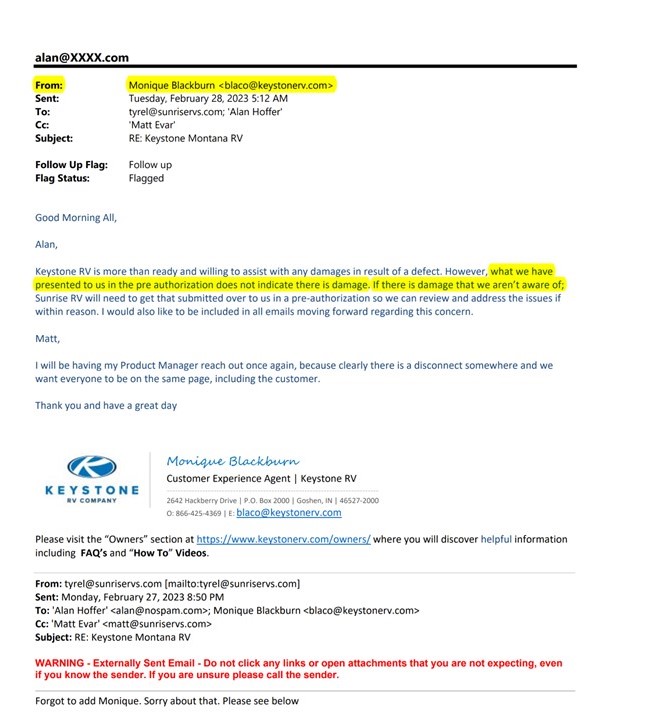 Monique Blackburn of Keystone RV Company claims there is nothing wrong with the floor in her e-mail as seened in this picture on https://www.peerreviewedproducts.com