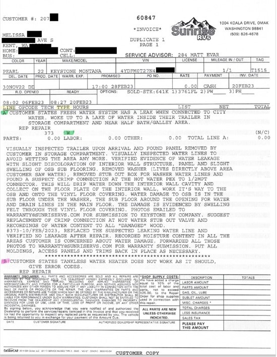 Warranty Repair Invoice from Sunrise RV and Truck acknowledging the damaged floors in the RV as seened in this invoice on https://www.peerreviewedproducts.com